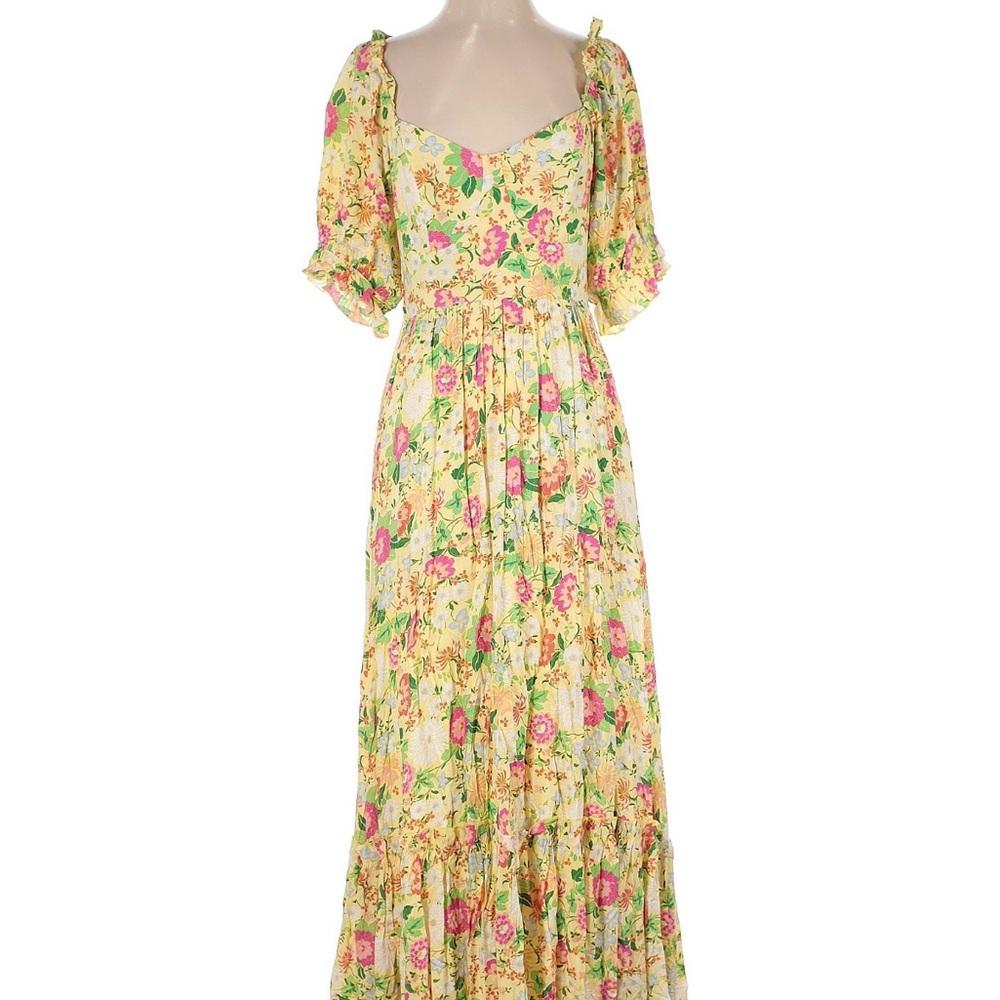 Yellow Ruched Tie Front Maxi Dress with Puff Sleeves